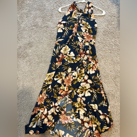 JJ's House Ruffles Floral Halter Trumpet Satin Asymmetrical Midi Dress - Picture 6 of 11